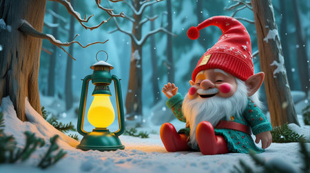 Christmas gnome with a lantern in the forest. 3d illustration.の素材