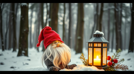 Christmas gnome with lantern in the winter forest. Christmas card.の素材