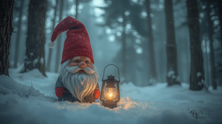 Christmas gnome with a lantern in the winter forest. Christmas concept.の素材