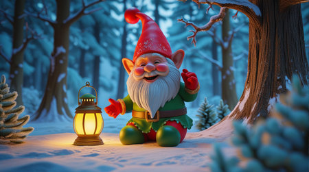 Santa Claus with a lantern in the forest. 3d rendering.の素材