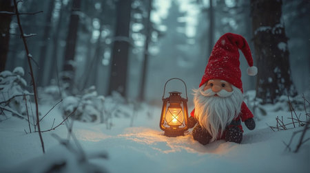 Christmas and New Year background. Santa Claus with a lantern in the winter forest.の素材