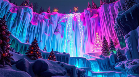 Fantasy winter landscape with frozen waterfall and christmas trees. 3D illustration.の素材