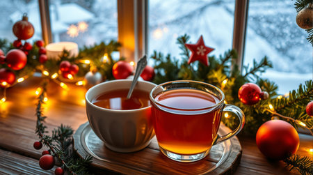 Two cups of hot tea on the background of a window with Christmas decorationsの素材