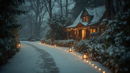 Winter landscape with a wooden house and lanterns in the snow.の素材