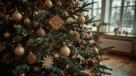 Christmas tree decorated with golden and silver ornaments in living roomの素材