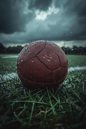 Soccer ball on the grass of a football field in rainy weatherの素材