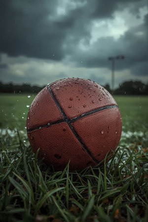 A closeup shot of a basketball on the grass under a cloudy skyの素材