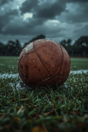 Old soccer ball on the grass with rain and stormy sky backgroundの素材