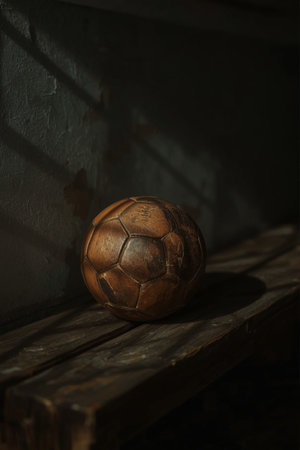 Old soccer ball on a wooden bench in a dark room with sunlightの素材