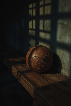 Old soccer ball on a wooden table in a dark room with windowの素材