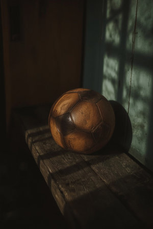 Old soccer ball on a wooden shelf in the shadow of the windowの素材