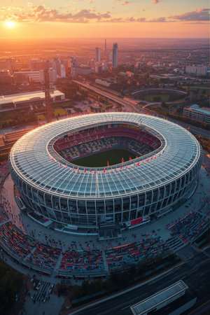 Aerial view of the stadium at sunset in Moscow, Russia.の素材