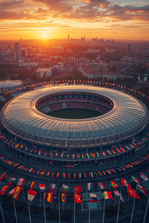 Warsaw, Poland. Aerial view of Warsaw National Stadium at sunset.の素材
