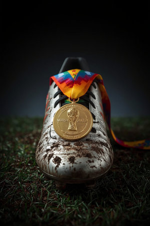 Pair of gold medals on a running shoe. Black background.の素材