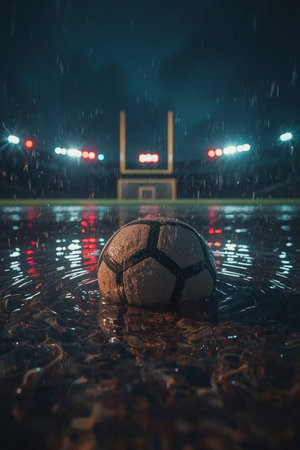 Soccer ball on the background of the stadium at night under the rainの素材