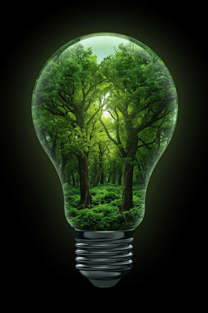 Lightbulb with green forest inside. Eco concept. 3D renderingの素材