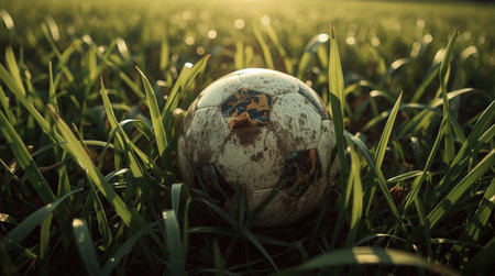 Old soccer ball on the green grass. Vintage style toned pictureの素材