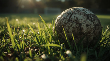 Old soccer ball on the grass in the park. Close up.の素材