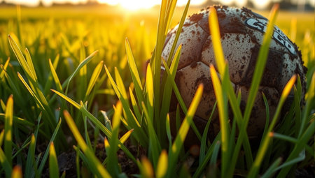 Soccer ball on green grass at sunset. Close-up.の素材
