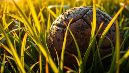 Soccer ball on green grass. Close up of old soccer ball on grass.の素材