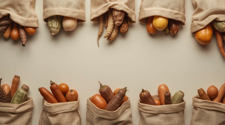 top view of eco bag with vegetables on gray background, zero waste conceptの素材
