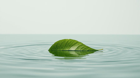 Green leaf on the water with ripples and a white background.の素材