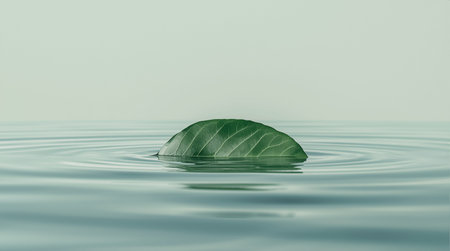 Green leaf on water surface with ripples and copy space for textの素材