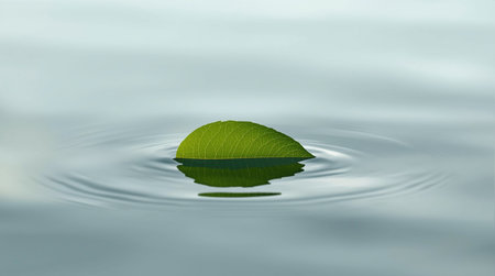 green leaf on the water with ripples and ripples background.の素材