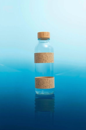 Medicine bottle with cork stopper on blue water surface.の素材
