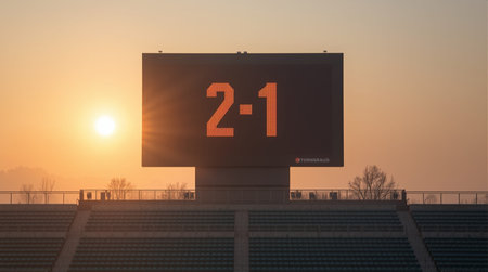 3d rendering of a football stadium at sunset with a scoreboard.の素材