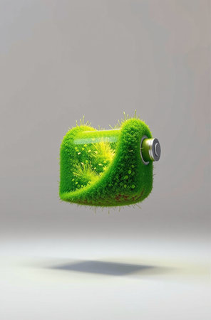 Ecology concept - green eco car made of grass on gray backgroundの素材