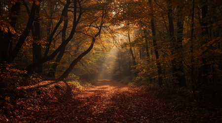 Autumn forest with golden leaves and rays of light in the morningの素材