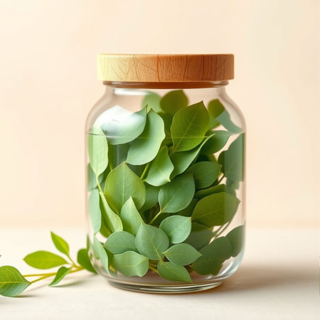 Glass jar with green eucalyptus leaves on light backgroundの素材