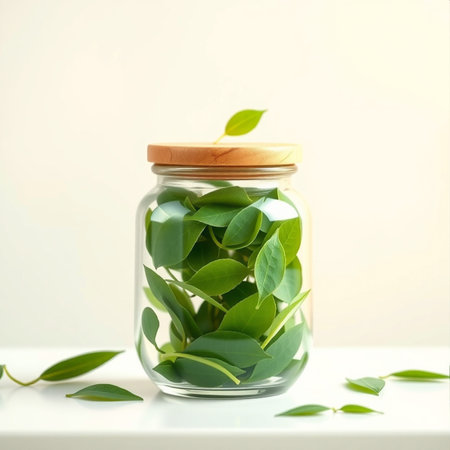 Glass jar with green leaves on white table against light background, closeupの素材