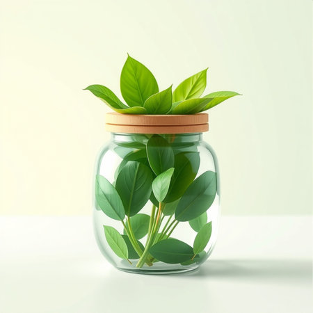 Glass jar with green leaves on white background. 3d illustration.の素材