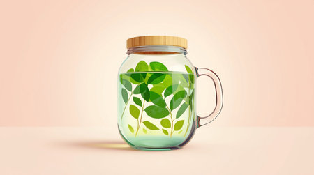 Transparent glass jar with green leaves inside, 3d render illustrationの素材