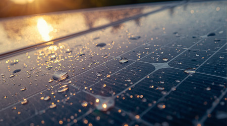 Close up of solar panel with water droplets on the surface.の素材