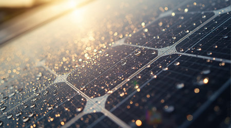 Close-up of photovoltaic solar panel with water dropsの素材