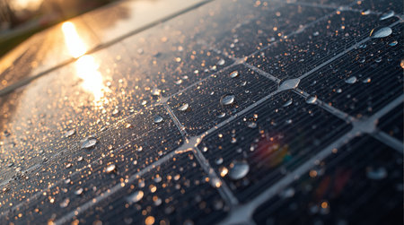 Close-up of photovoltaic panel with raindrops.の素材