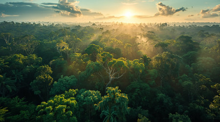 Aerial view of tropical rainforest with morning sunlight. Beautiful nature landscapeの素材