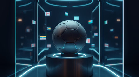 Soccer ball on the podium. 3D rendering. Futuristic background.の素材