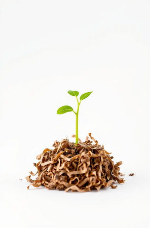Green seedling illustrating concept of new life with white background and copy spaceの素材