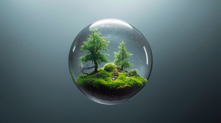 Crystal ball with green tree inside. Ecology concept. 3D renderingの素材