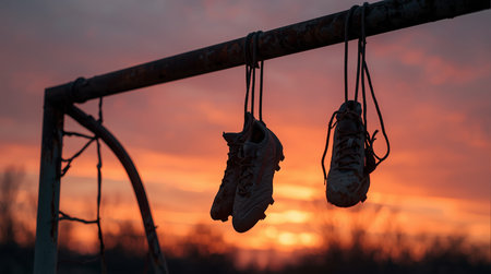 Two pairs of running shoes hang on a rusty gate at sunset.の素材