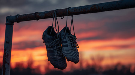 A pair of running shoes hanging on a metal fence at sunset.の素材