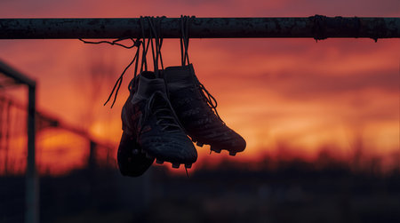 A pair of old hiking boots hang on a fence at sunset.の素材
