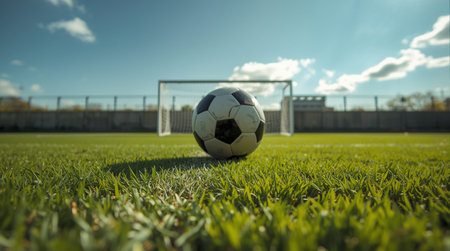 Soccer ball on the green grass of football field. soccer goalの素材