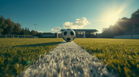 Soccer ball at the corner of a football field in sunset light.の素材