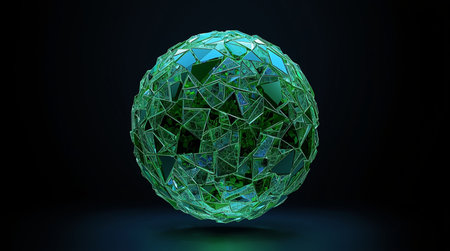 3d rendering of abstract sphere made of green glass pieces on dark backgroundの素材