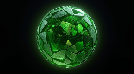 Green crystal ball isolated on black background. 3D rendering illustration.の素材